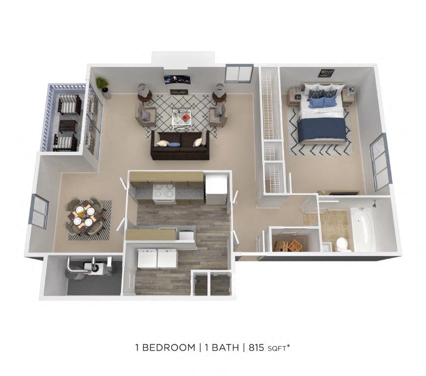 Floor plan for 1 bed, 1 bath, 815 sqft